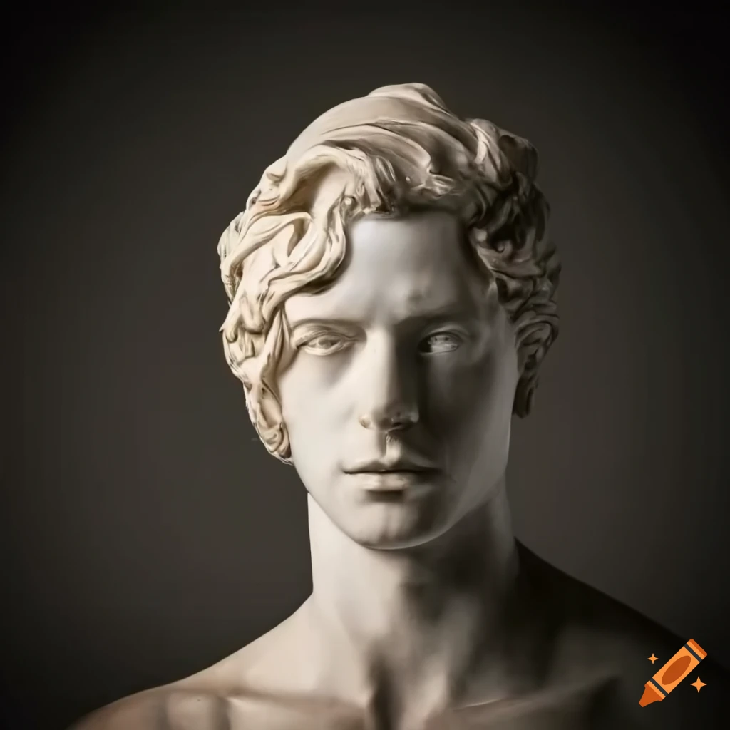 sculpture of a male figure with tied back long hair