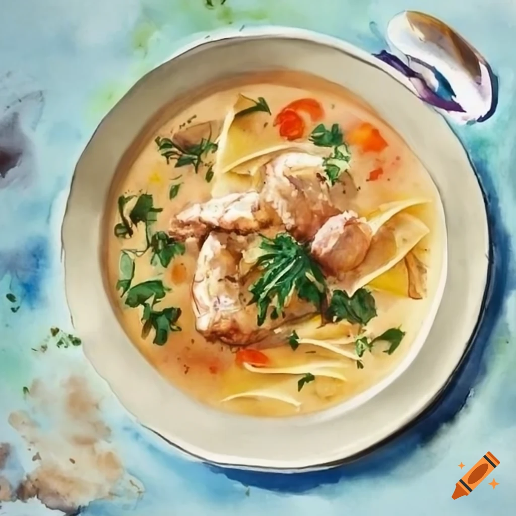 Watercolor painting of chicken and parmesan soup with pappardelle