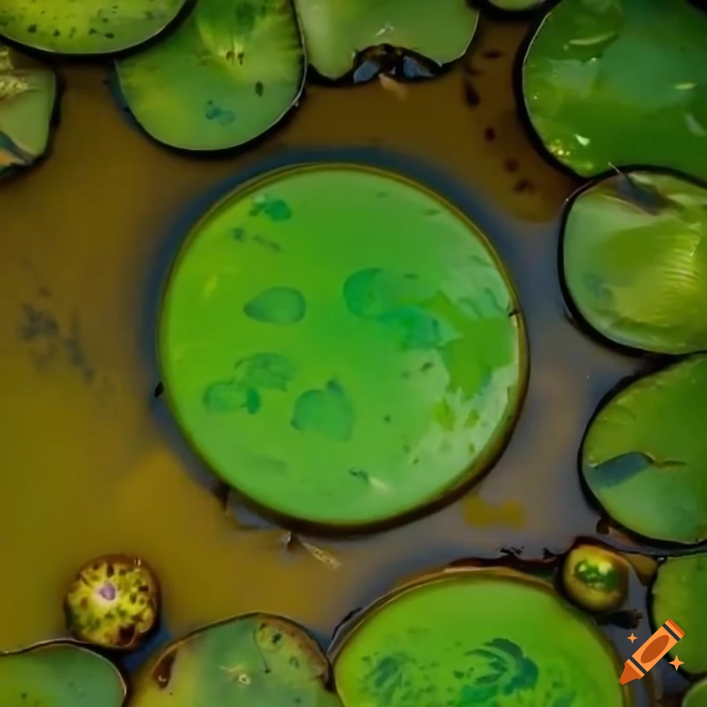 a green lily pad in a small muddy pond