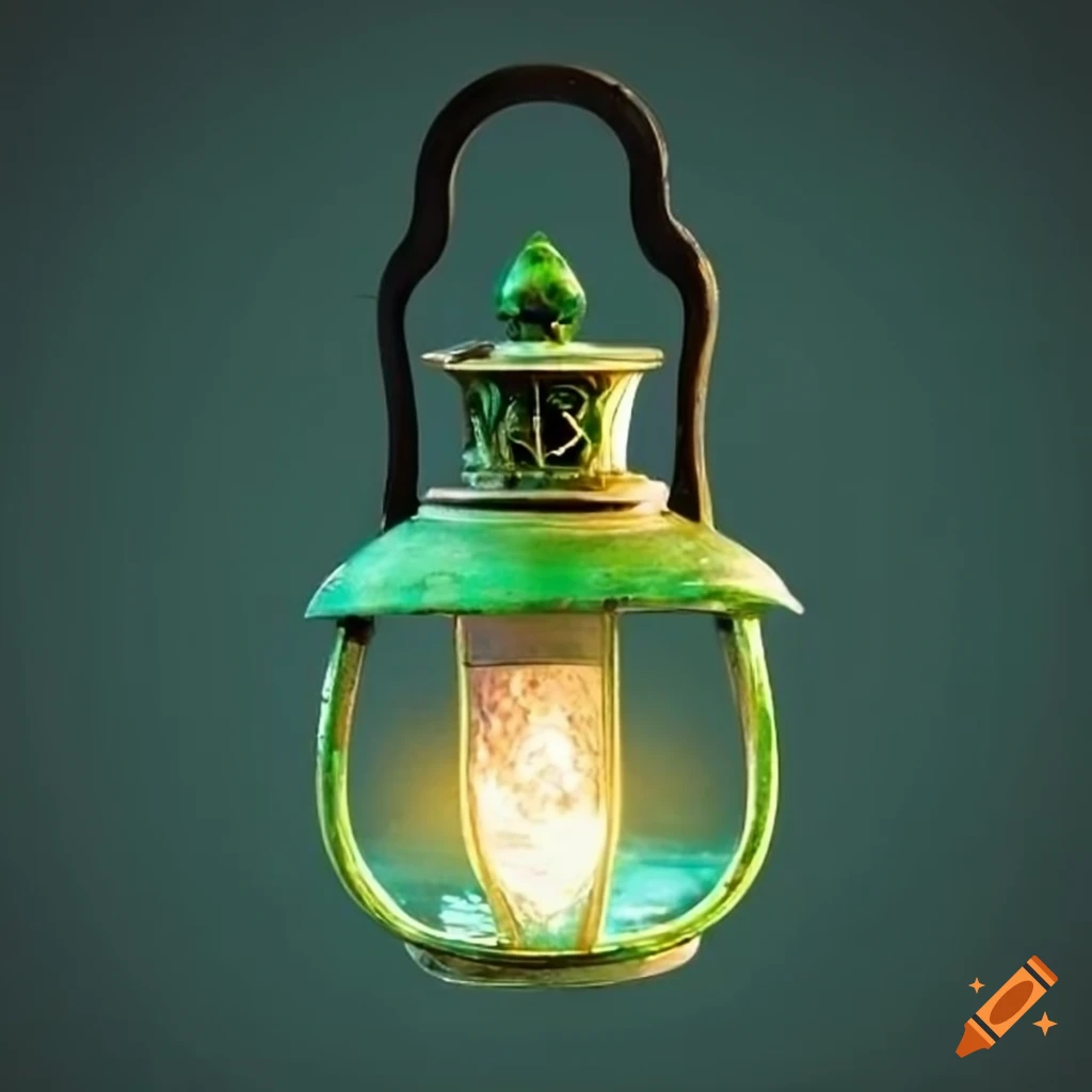 antique lantern with green flame