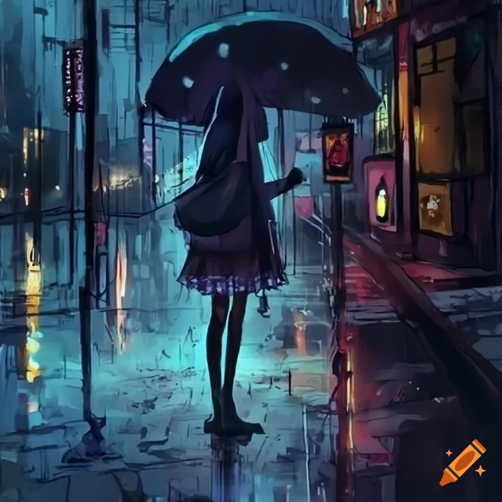 artistic depiction of a sad girl in rainy Tokyo