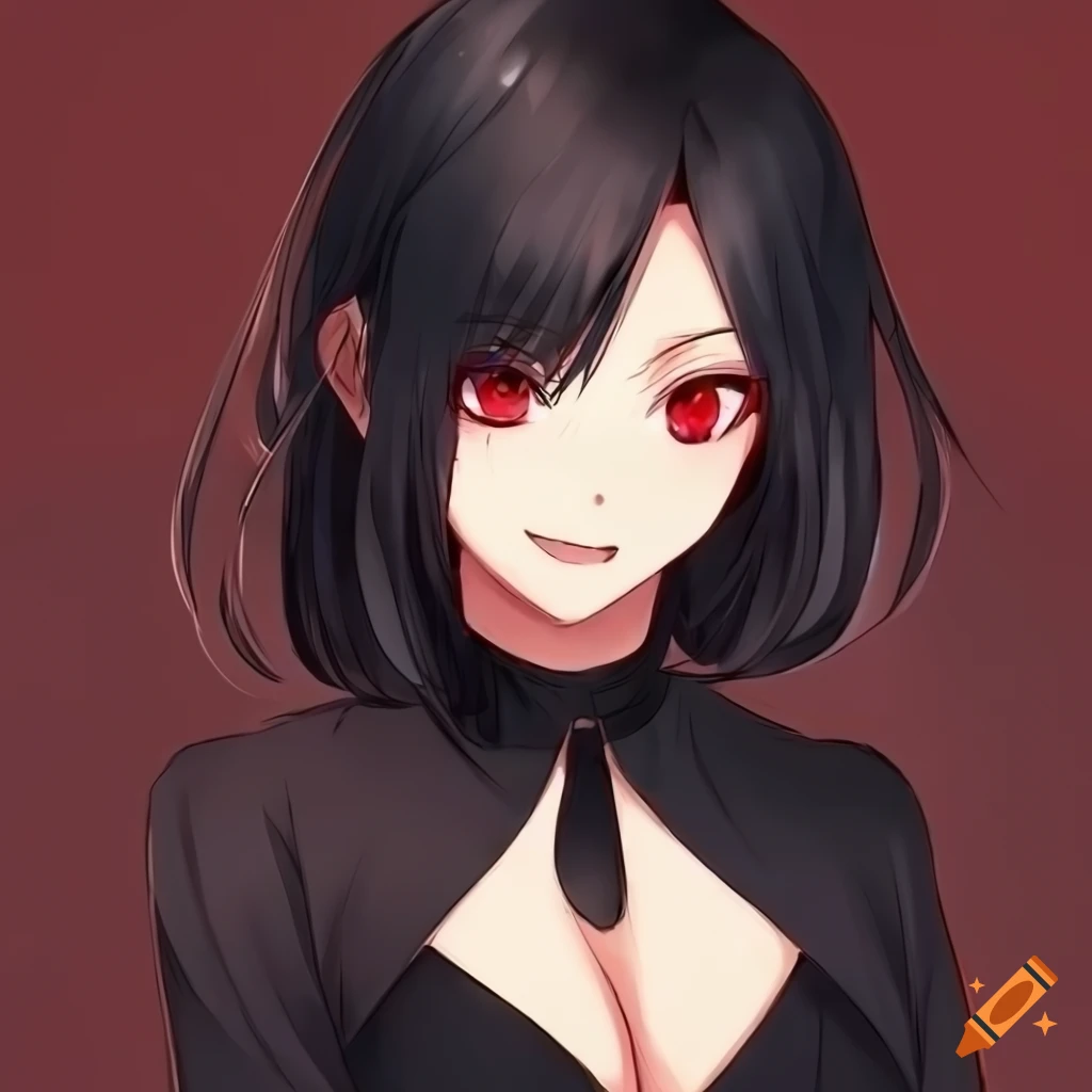 Digital art of a smug anime girl with black hair and red eyes on Craiyon
