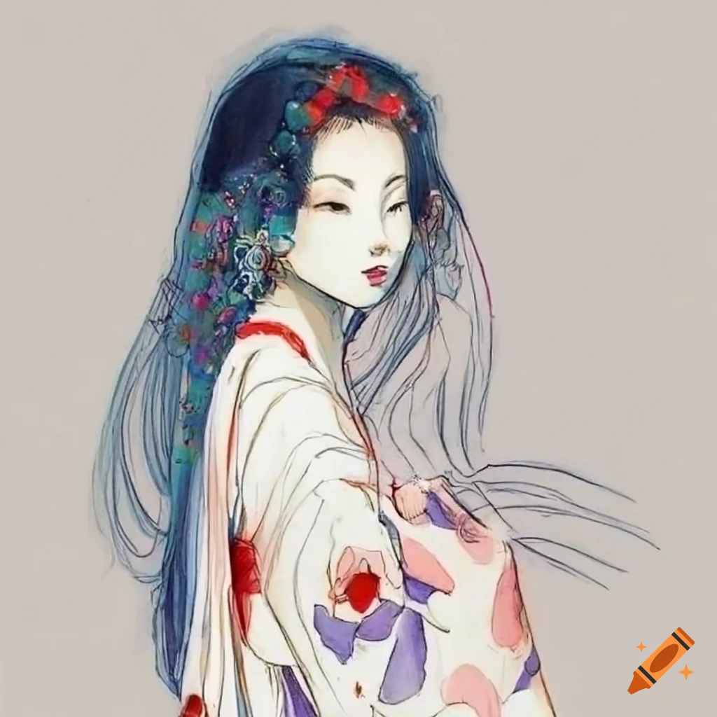 colorful manga sketch of a Japanese woman
