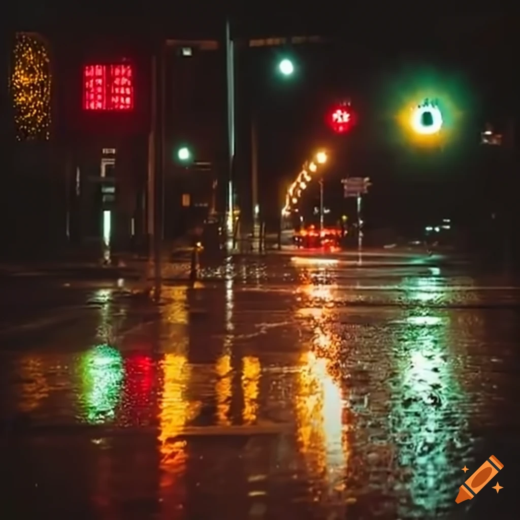 night view of a wet four-way intersection with traffic lights
