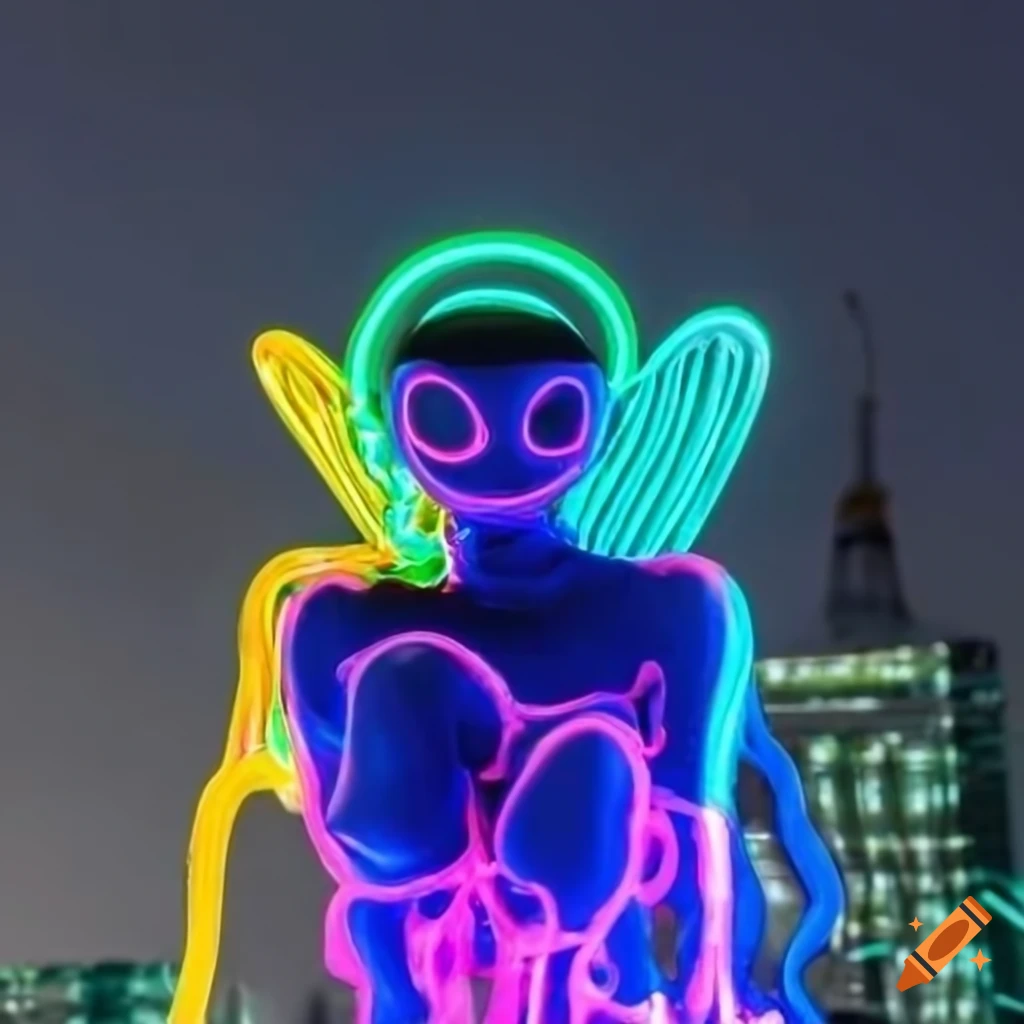 neon angel sculpture with 80s vibes