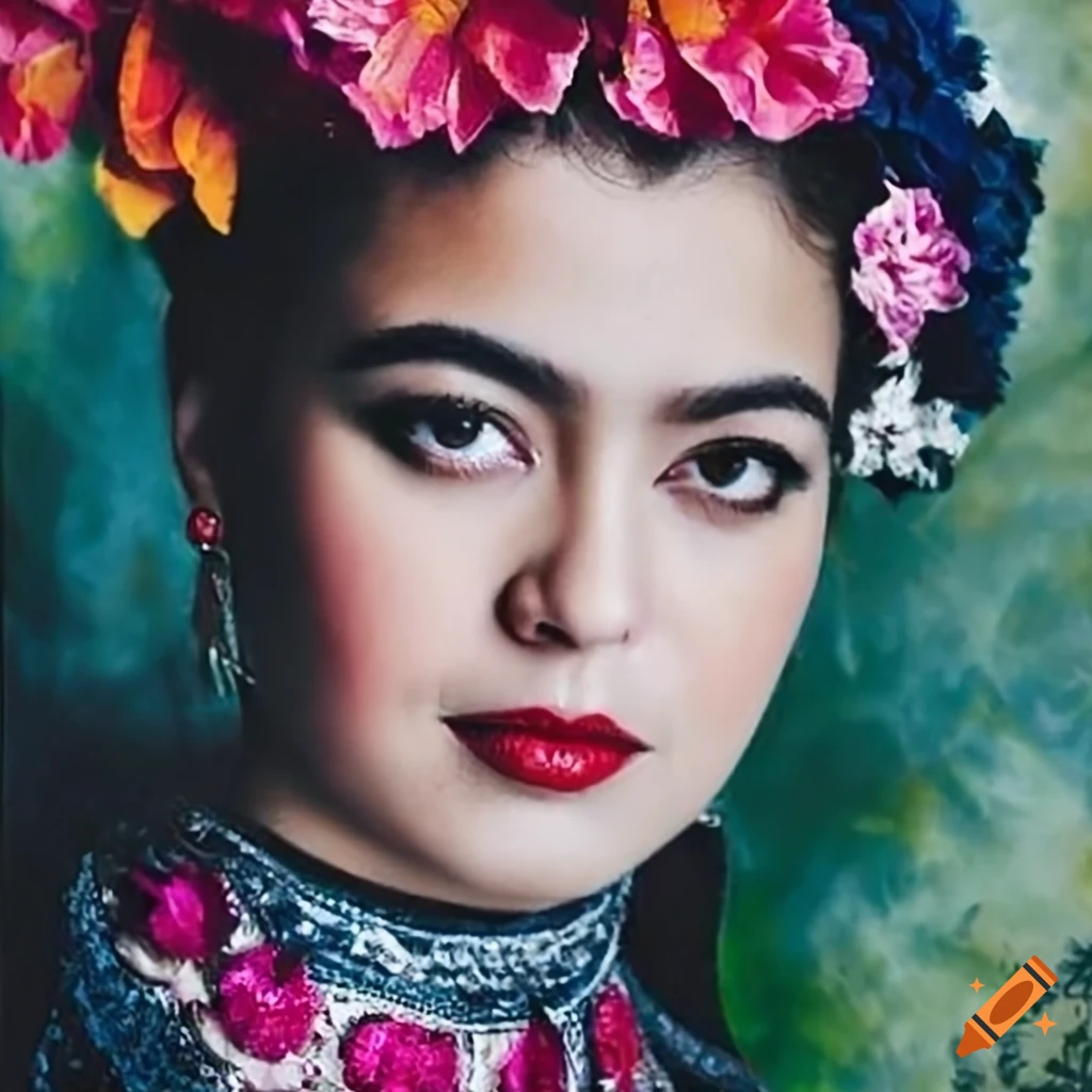 photo-realistic portrait of a young woman inspired by Frida Khalo