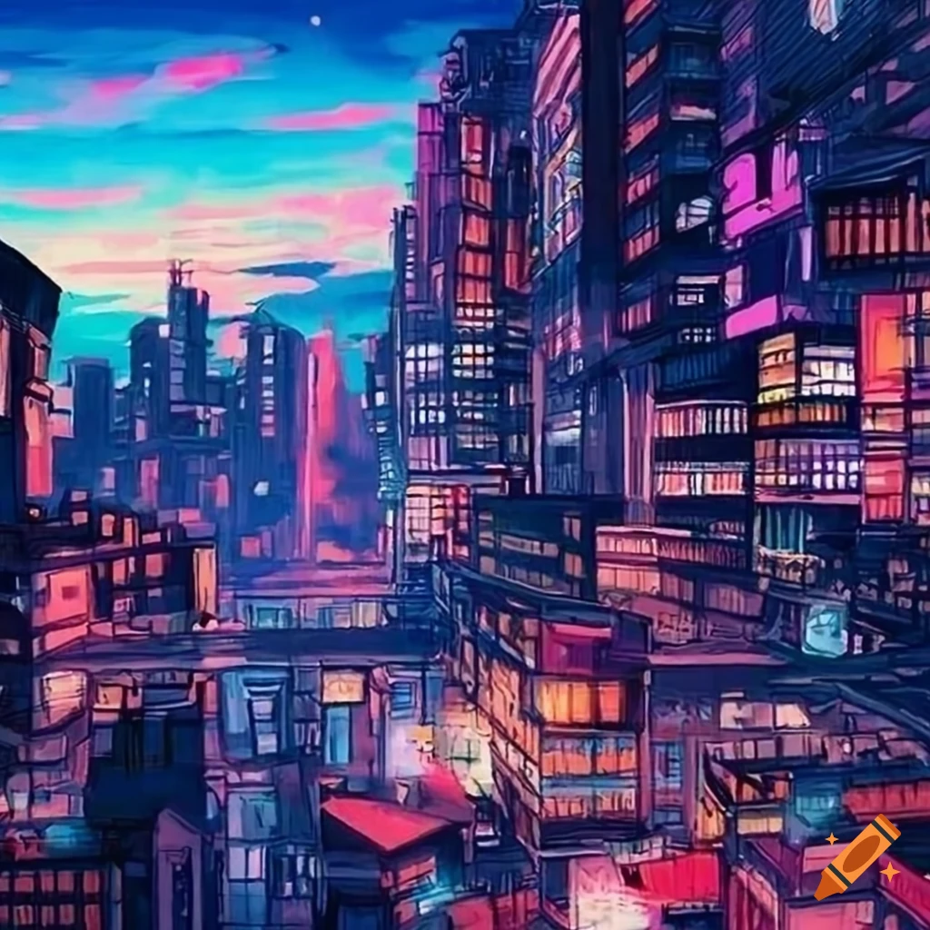 Vibrant anime cityscape artwork by noriyoshi ohrai on Craiyon
