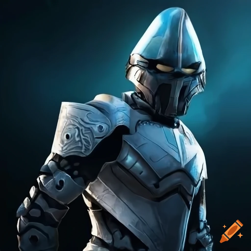 futuristic superhero in white armor with triceratops-inspired helmet