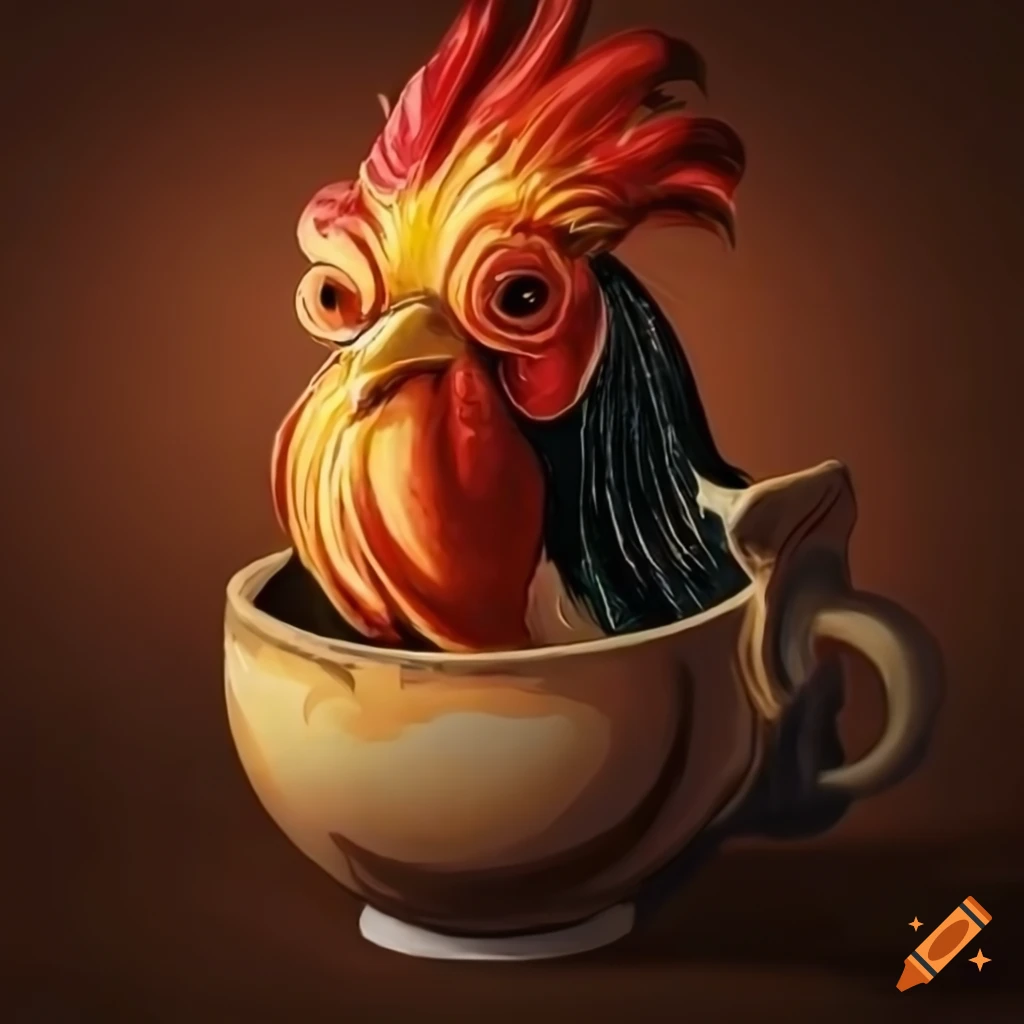 Rooster with a cup of coffee