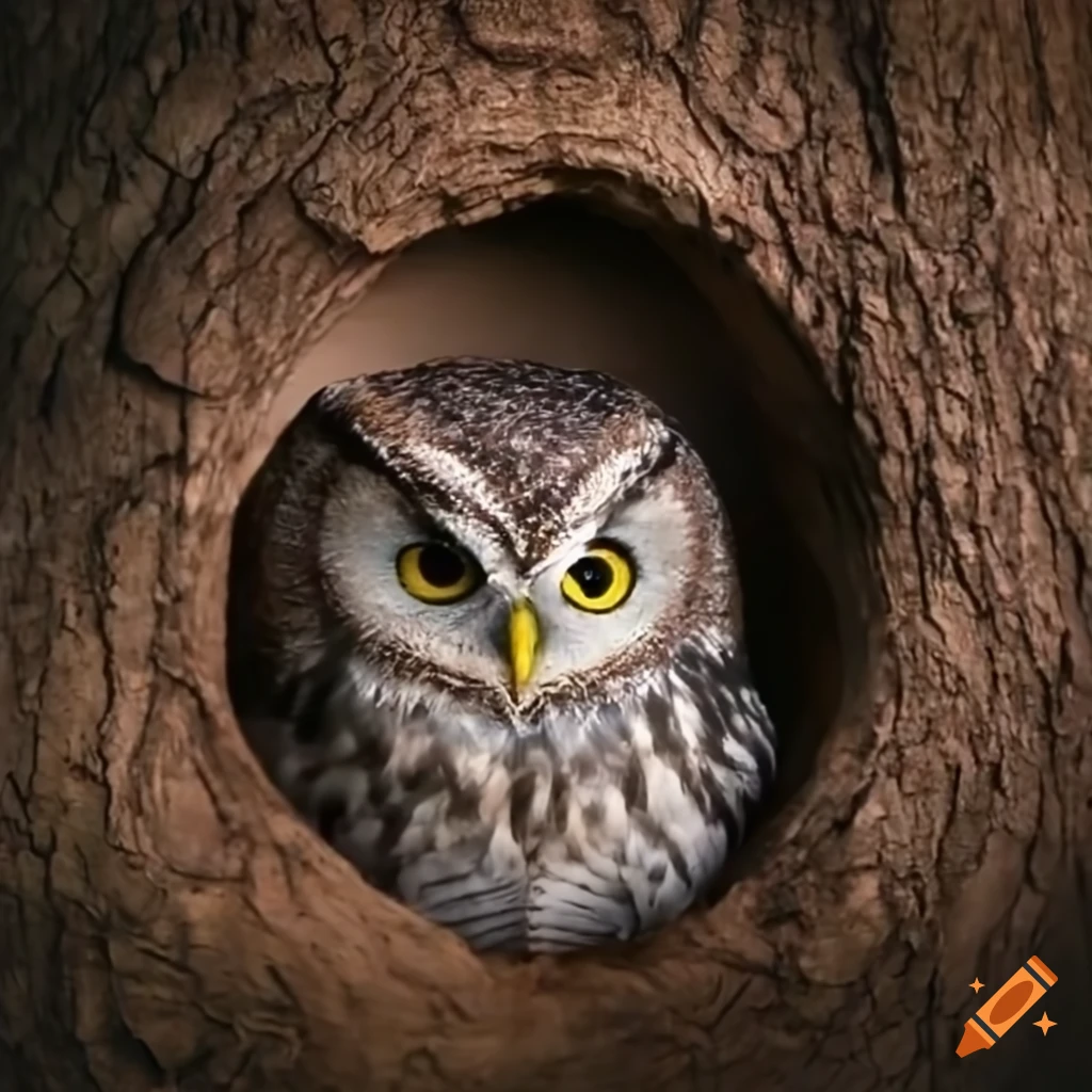 Owl peering out of a tree hole on Craiyon