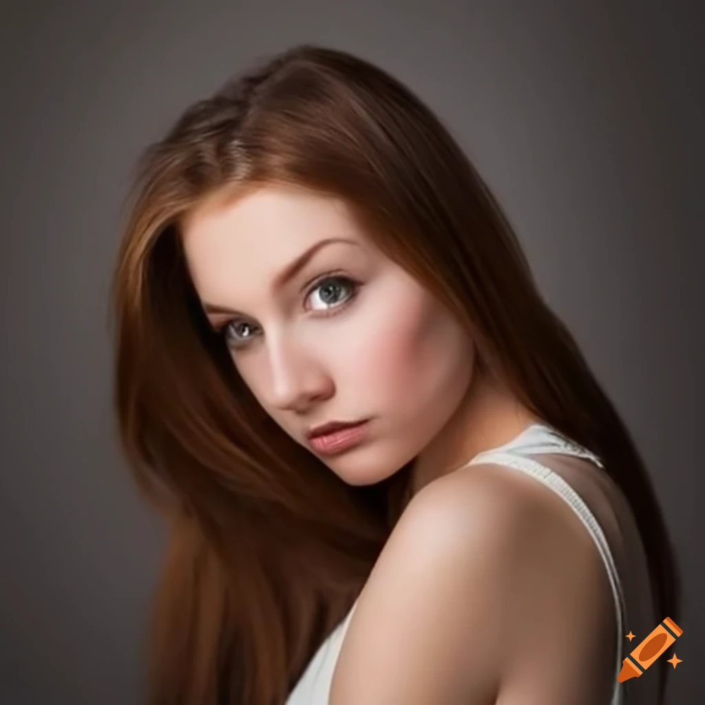 Portrait of a young woman with curly brown hair and green eyes on Craiyon