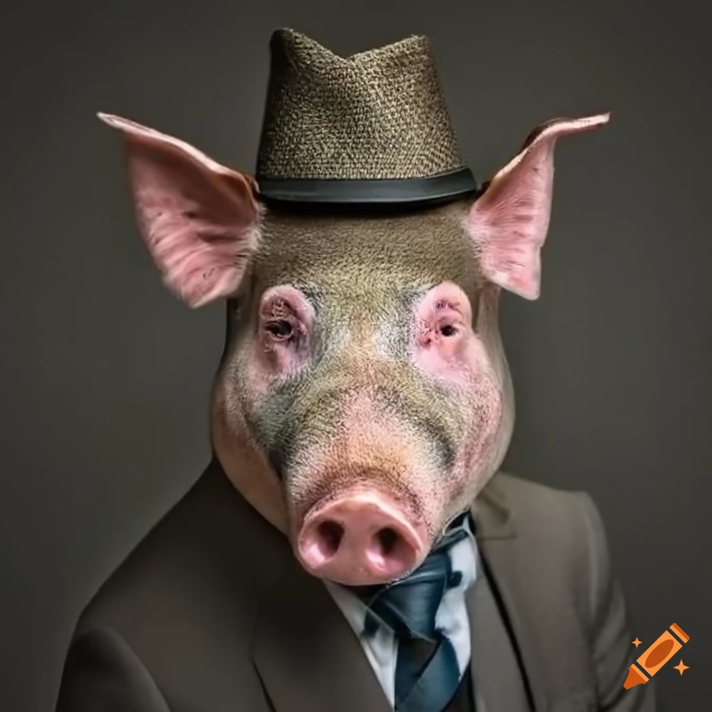 artistic illustration of a pig in a suit and hat