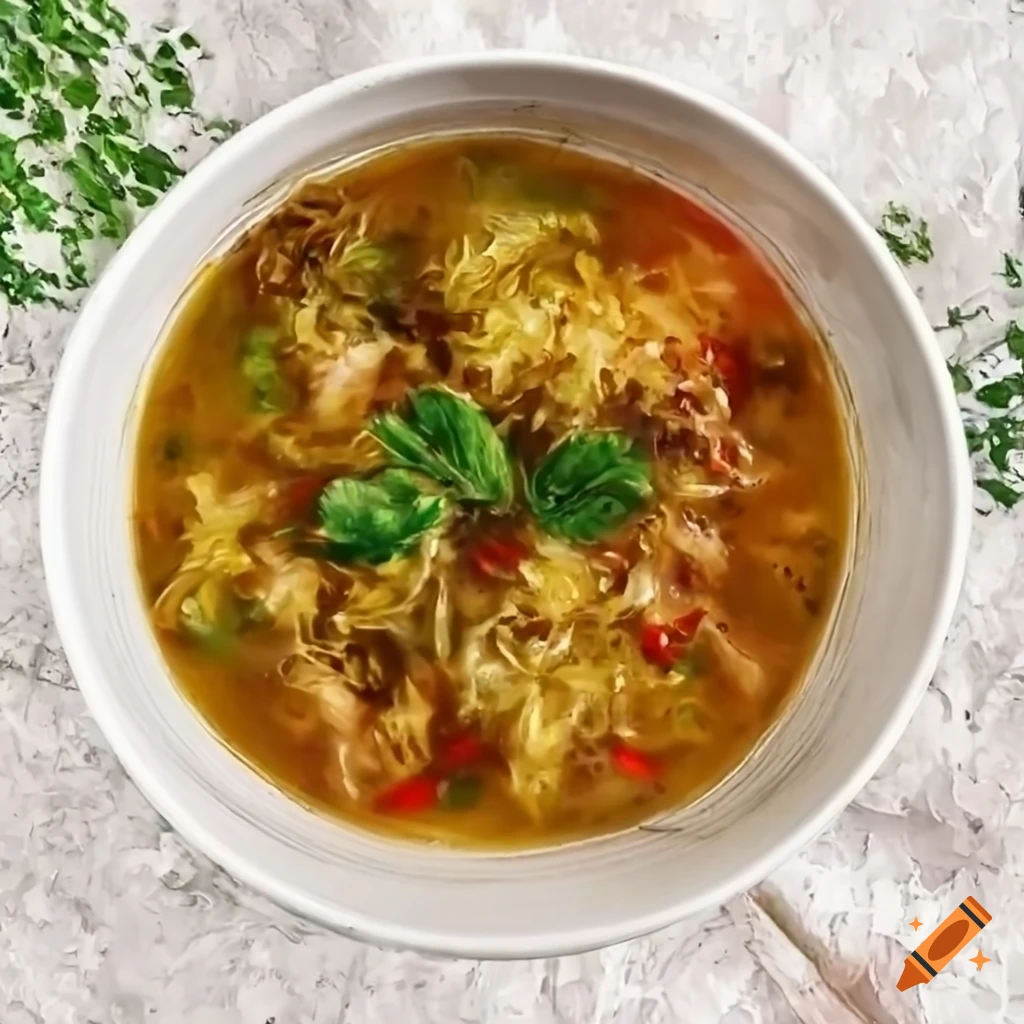 Oil painting of sauerkraut and lentils soup in bowl