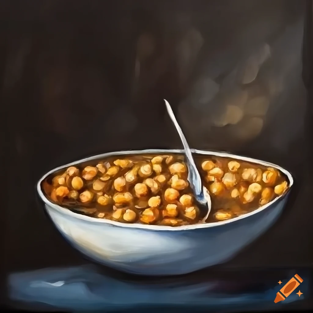 oil painting of chickpea and lentil soup in a white bowl