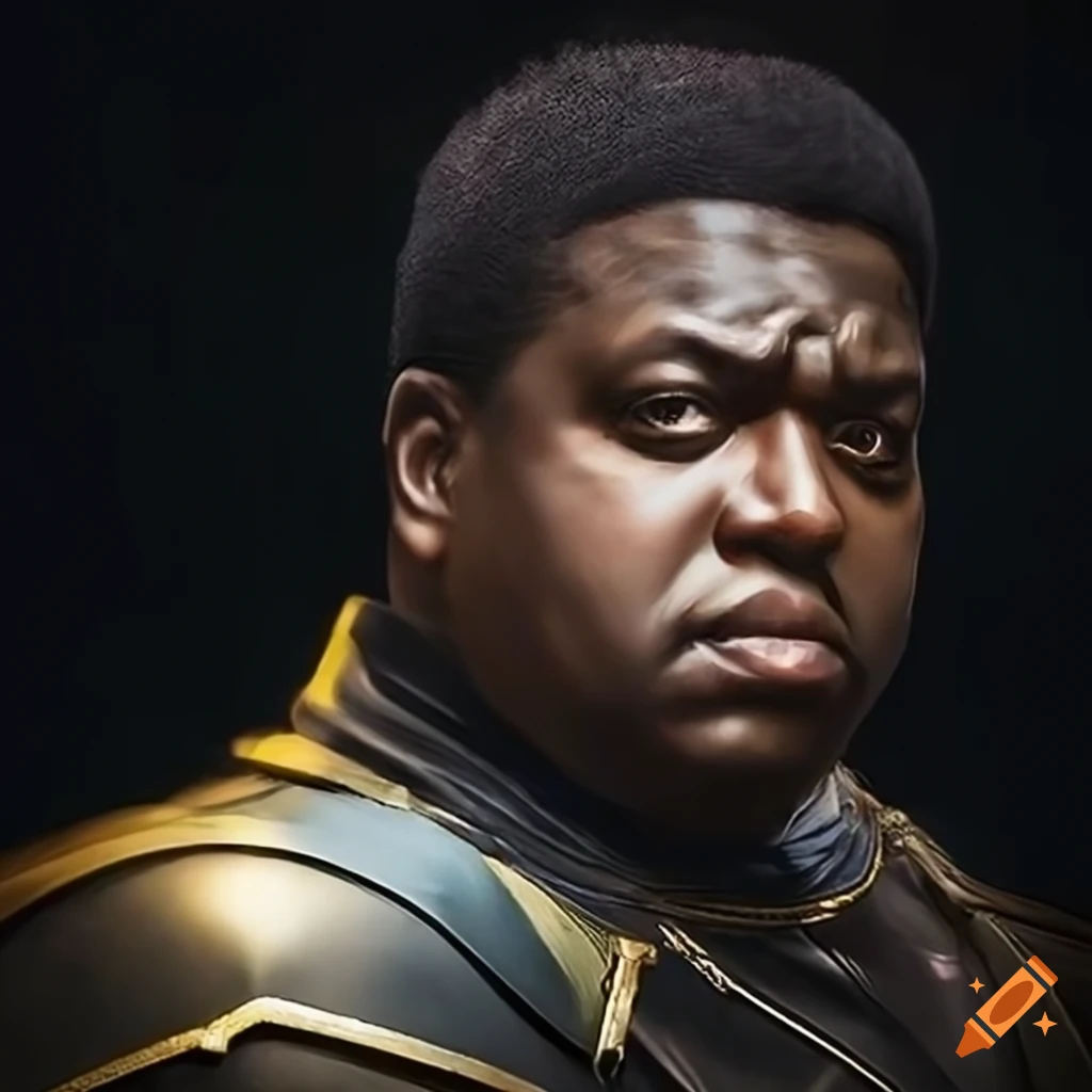 Hyper realistic portrait of biggie smalls as a fire emblem knight on