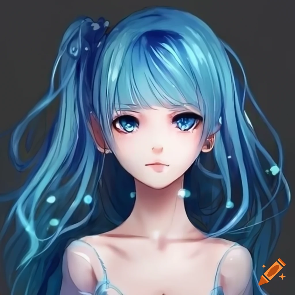Anime girl, curly hair, blue themed clothes, cute, kawaii, clean lines in  drawing, brown eyes