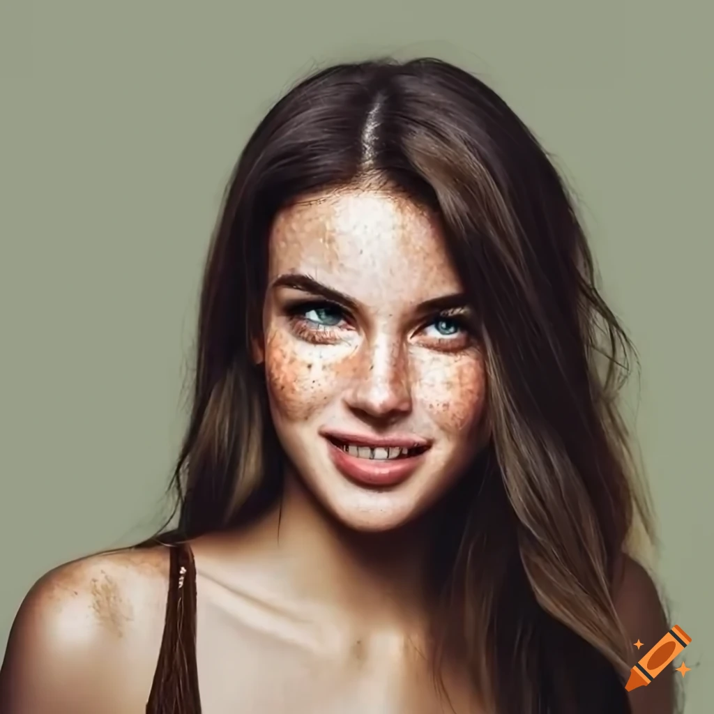 Portrait of a pretty young woman with freckles and dark brown hair on ...