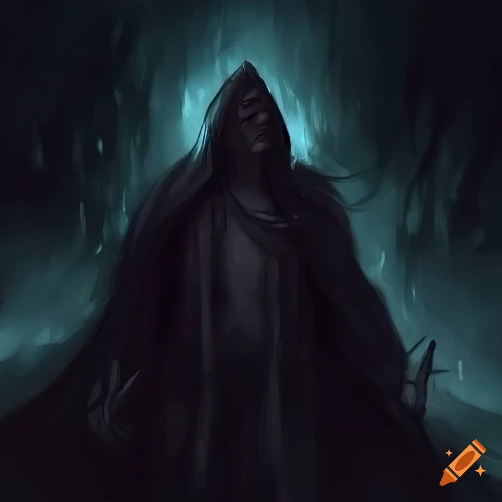 artwork of a cloaked demon in darkness