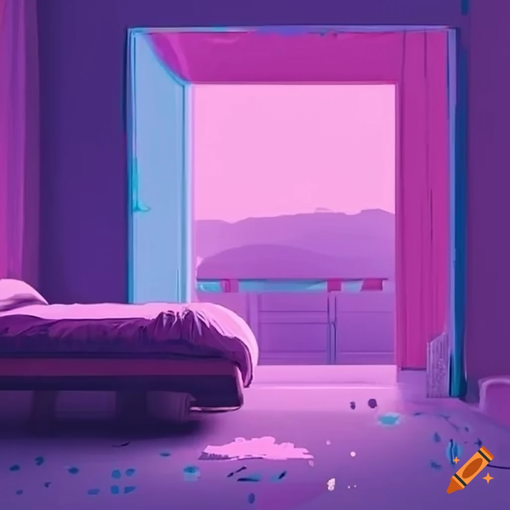 Smoothly Painted Lofi Aesthetic Bedroom In Purple Pink And Blue On 