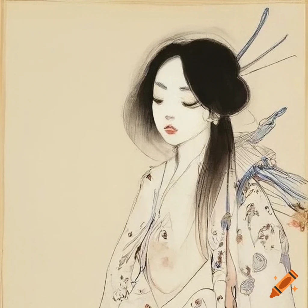 sketch of elegant Japanese woman in white
