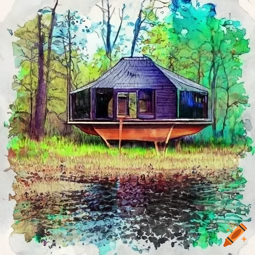 Detailed technical drawing of futuristic pop up pods near a pond on Craiyon