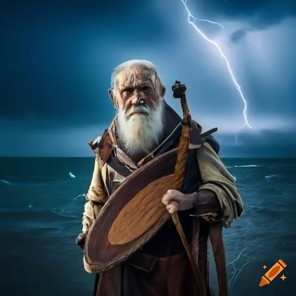 close up of a bearded sailor with oar and shield in front of a stormy sea