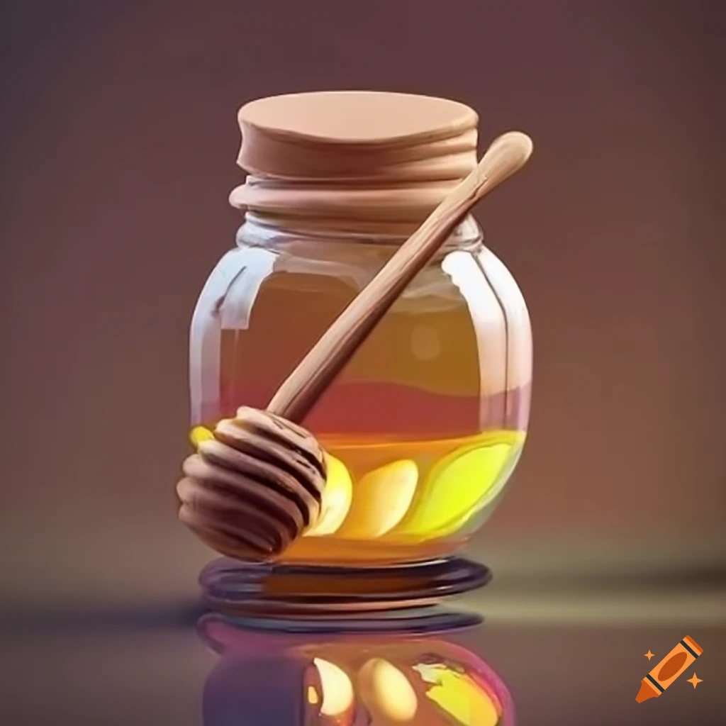 jar of honey with bees buzzing around