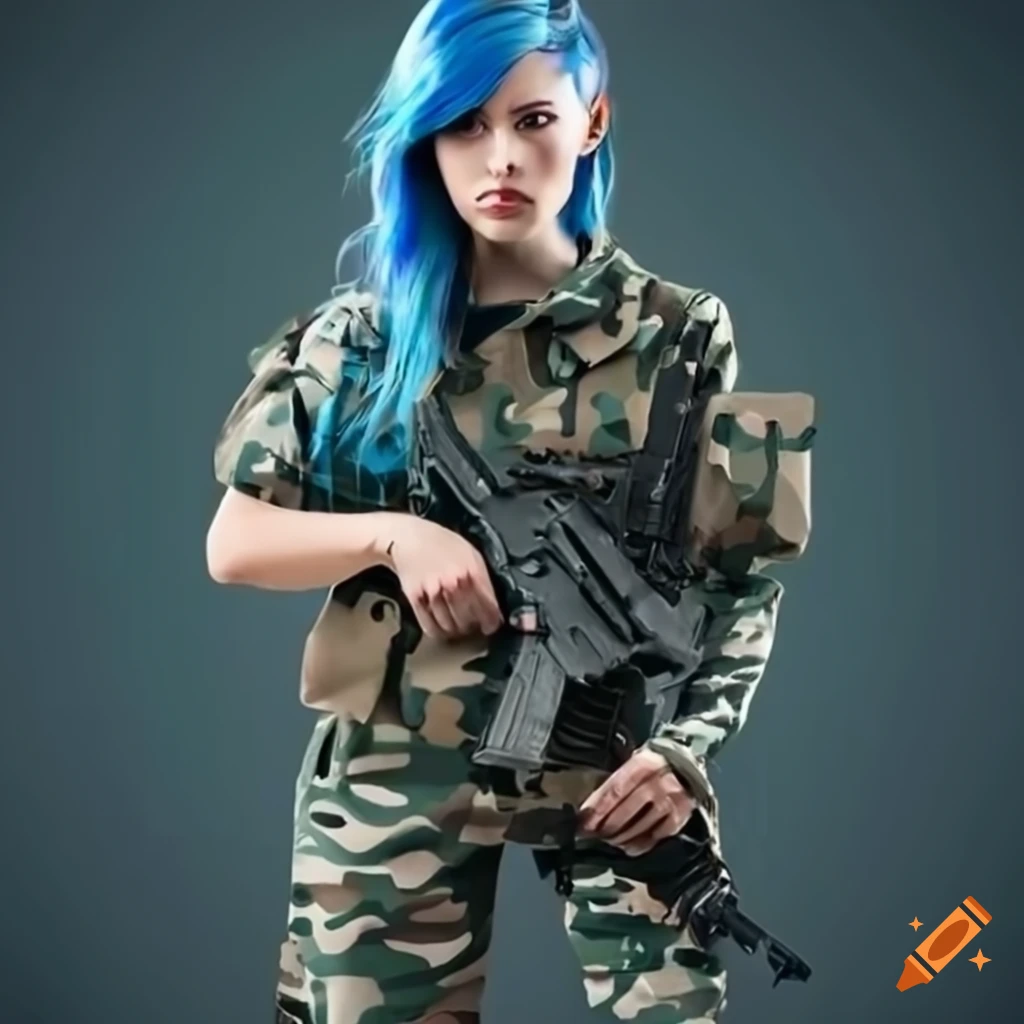 woman in camouflage battle uniform with blue hair