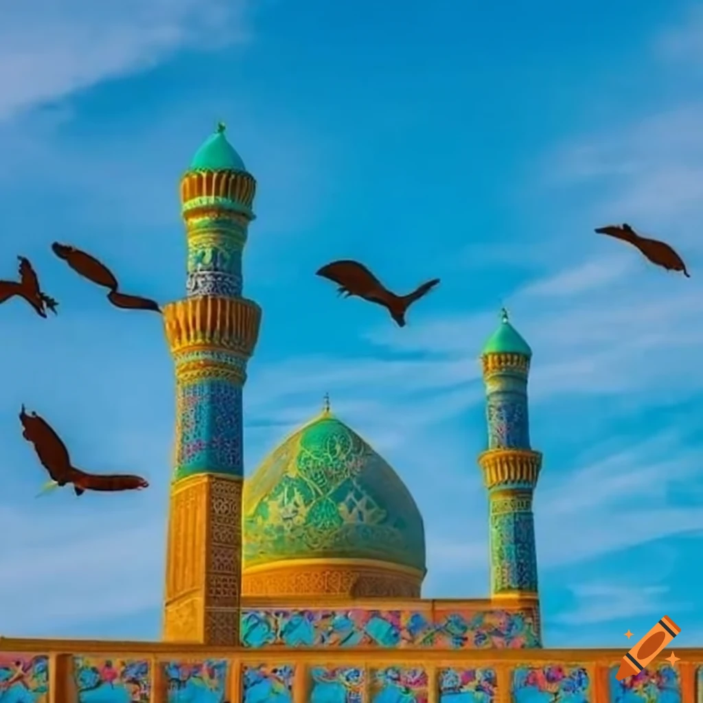persian mosque with garlands against a blue sky