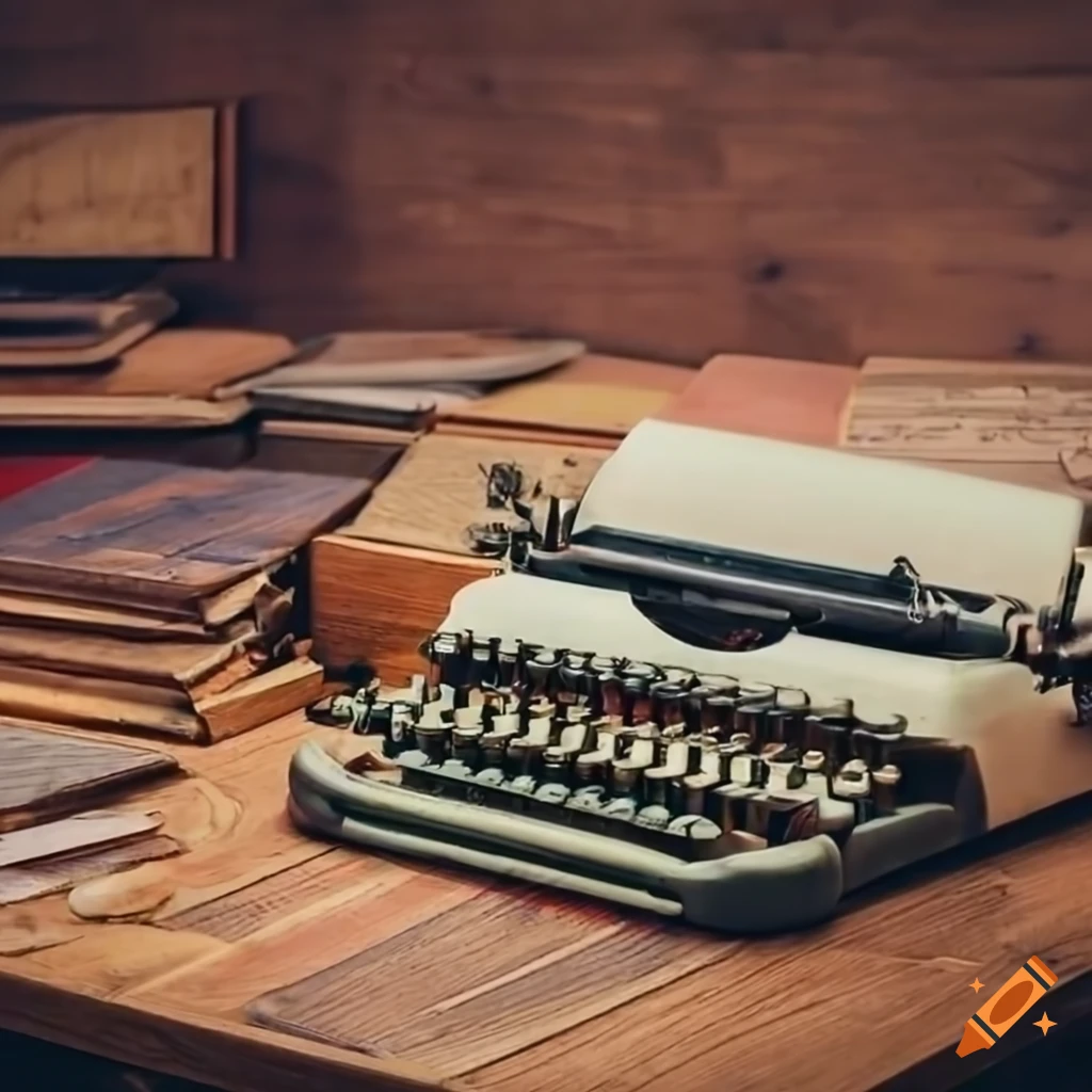 Vintage typewriter on a wooden desk with drafts scattered around on Craiyon