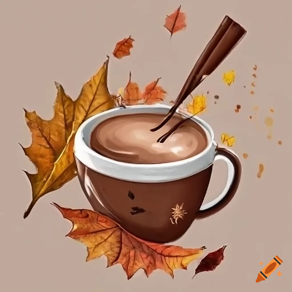 cup of hot chocolate surrounded by autumn leaves