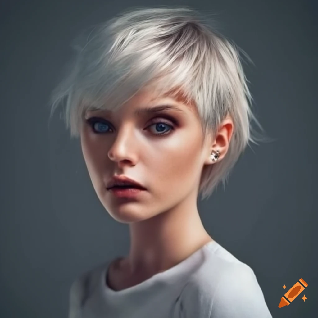Portrait of a woman with short blonde hair and colorful eyes on craiyon
