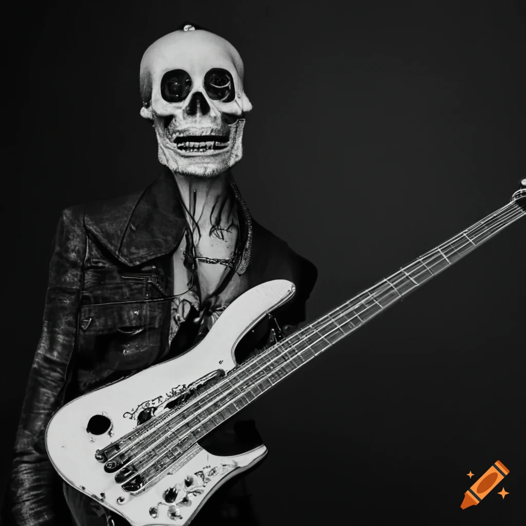 Skeleton playing a bass guitar on Craiyon