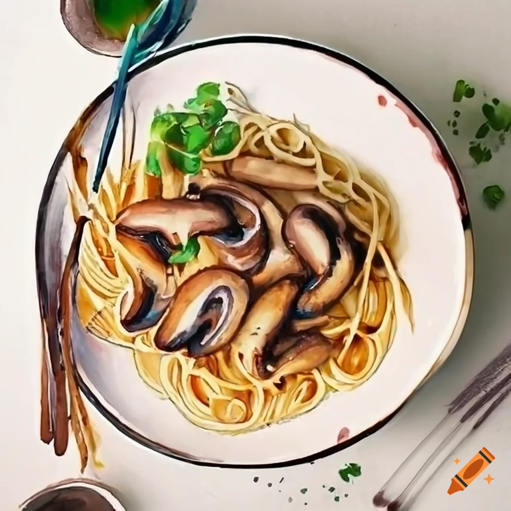 watercolor painting of miso mushroom pasta