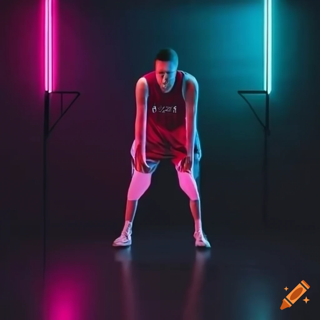 Basketball player in a virtual field with neon lights
