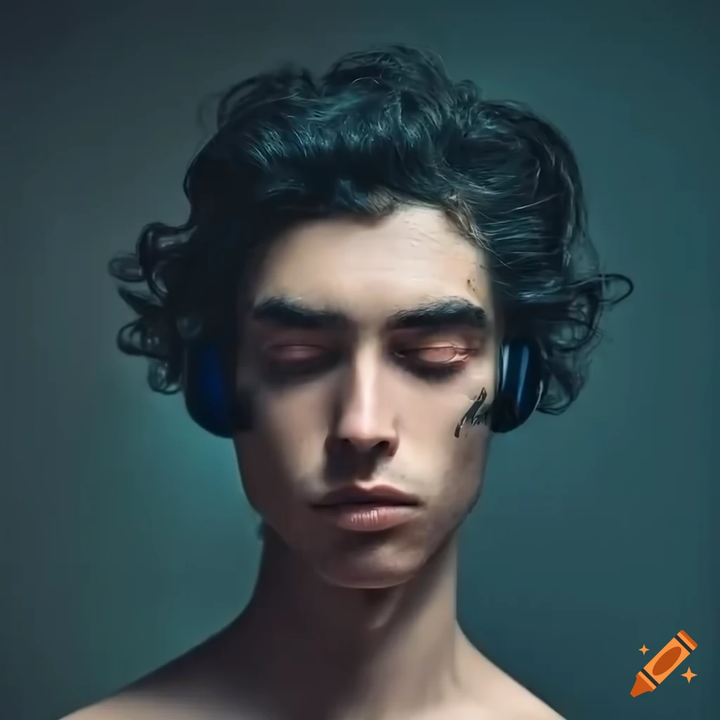 Aged broken statue of a woman listening to music in an industrial space