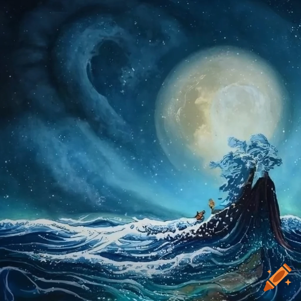 Ukiyo-e inspired artwork of The Last Unicorn under a full moon