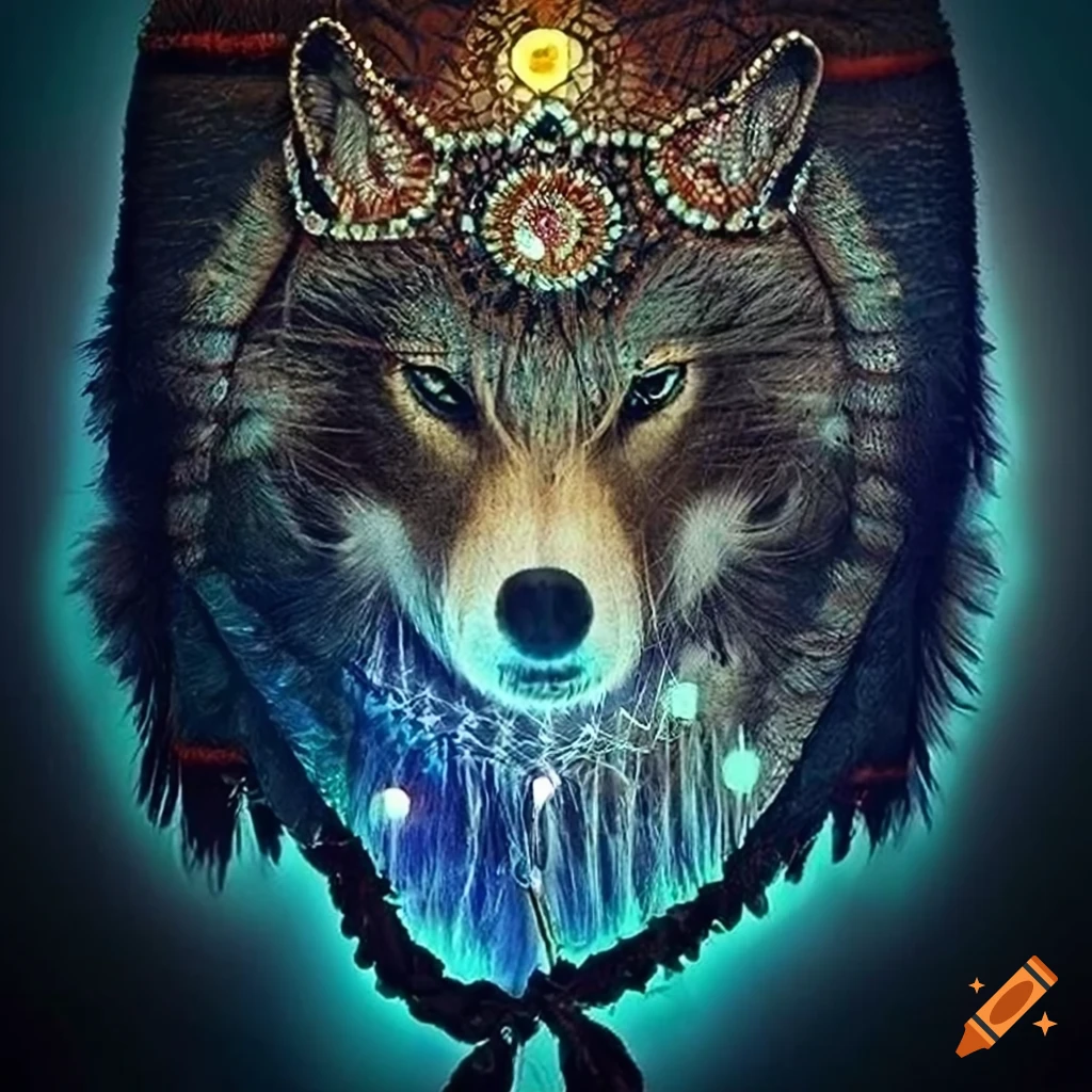 Ultra-detailed photo-realistic wolf dream catcher artwork