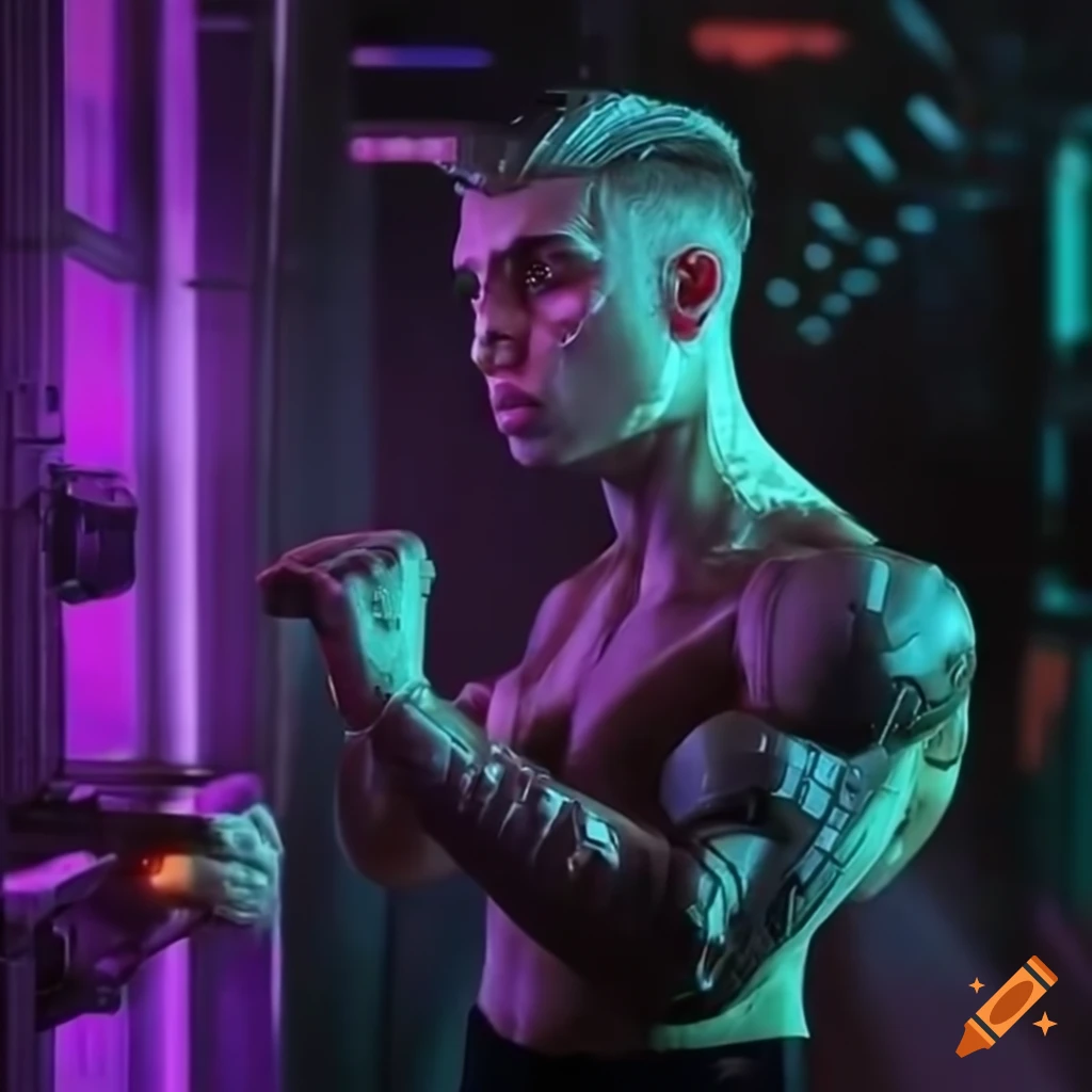 Portrait of a muscular cyber mechanic in a cyberpunk future