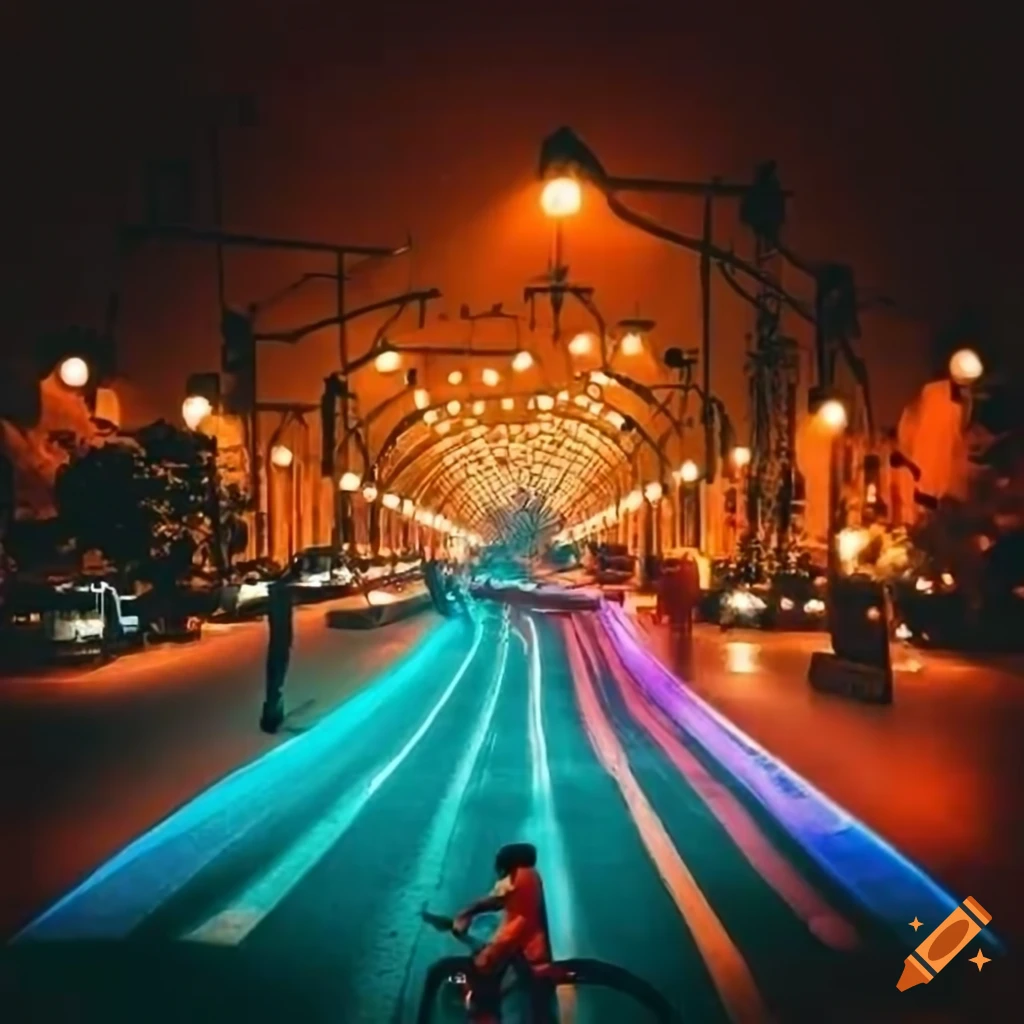 night scene of Delhi with colorful lights and a BMX rider