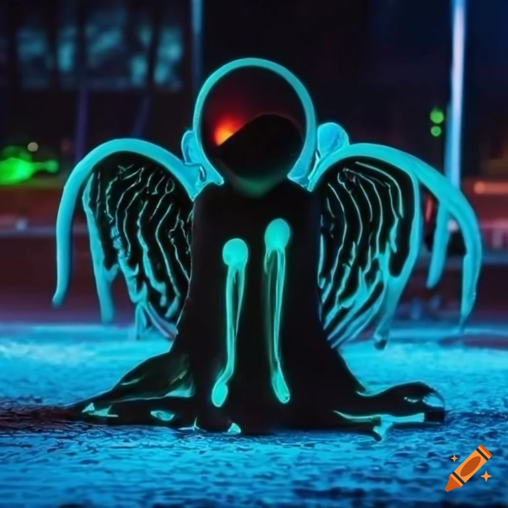 neon angel sculpture with 80s vibes