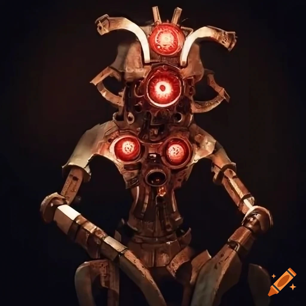 steampunk robot with glowing red eyes