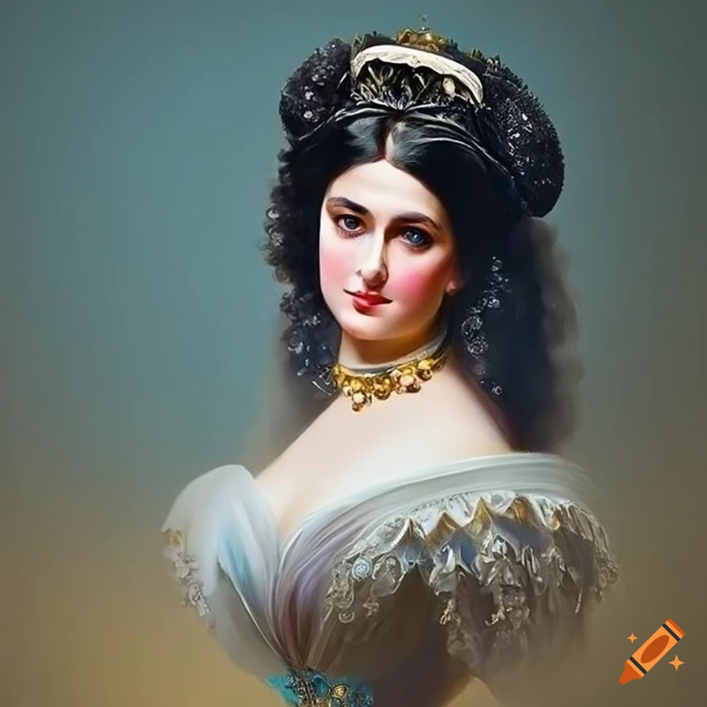 portrait of a black-haired woman with striking features wearing elaborate 1850s fashion