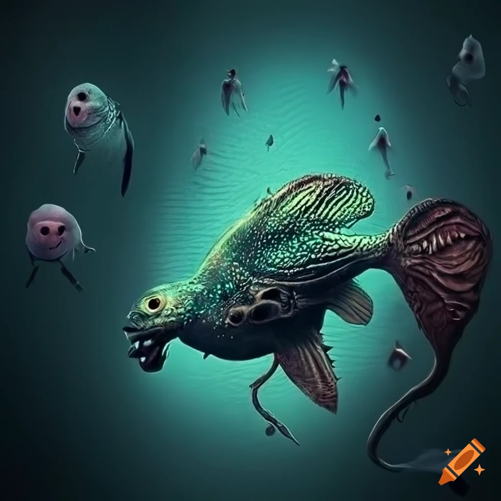 Surrealistic fish monsters in the dark