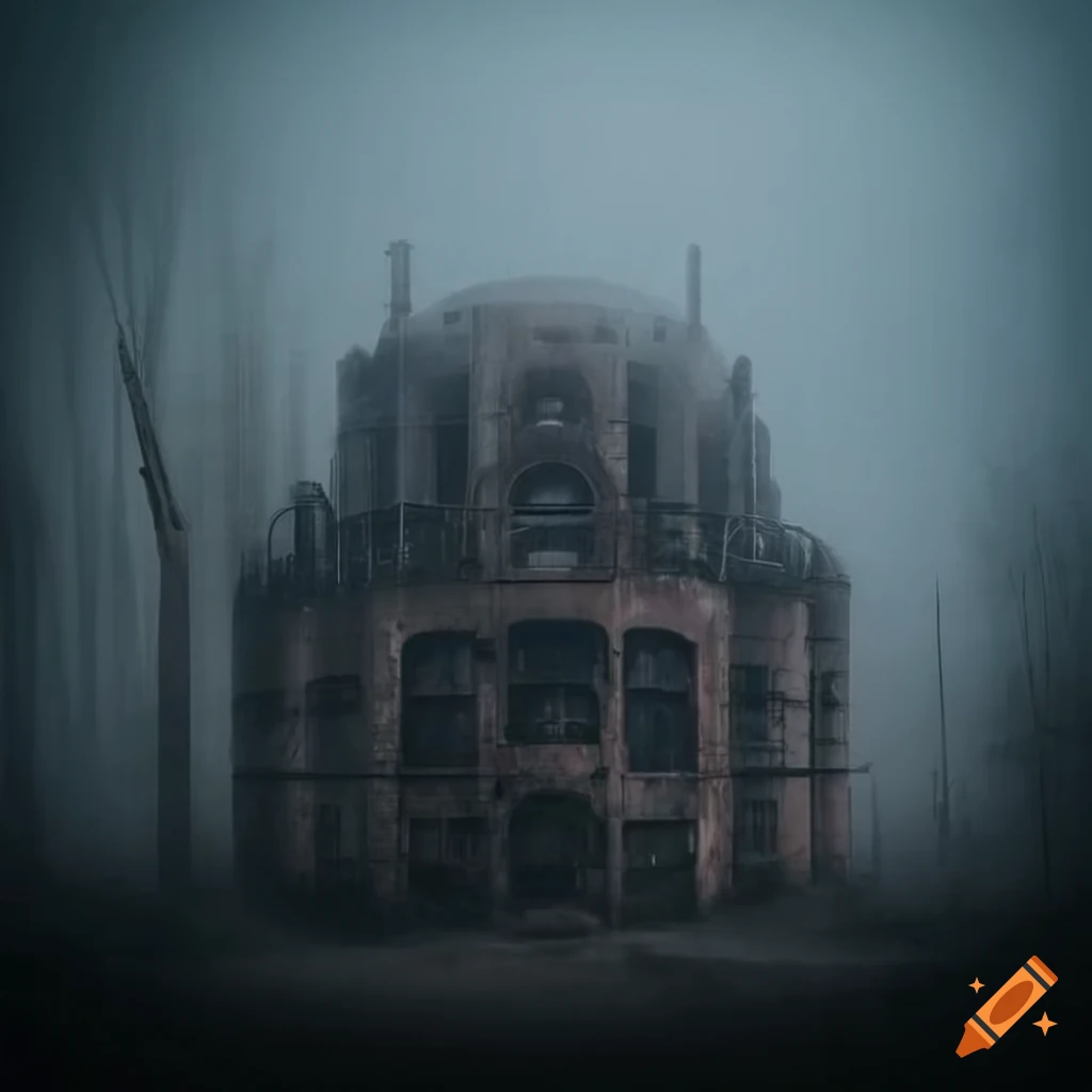 artistic depiction of an abandoned industrial complex in the fog