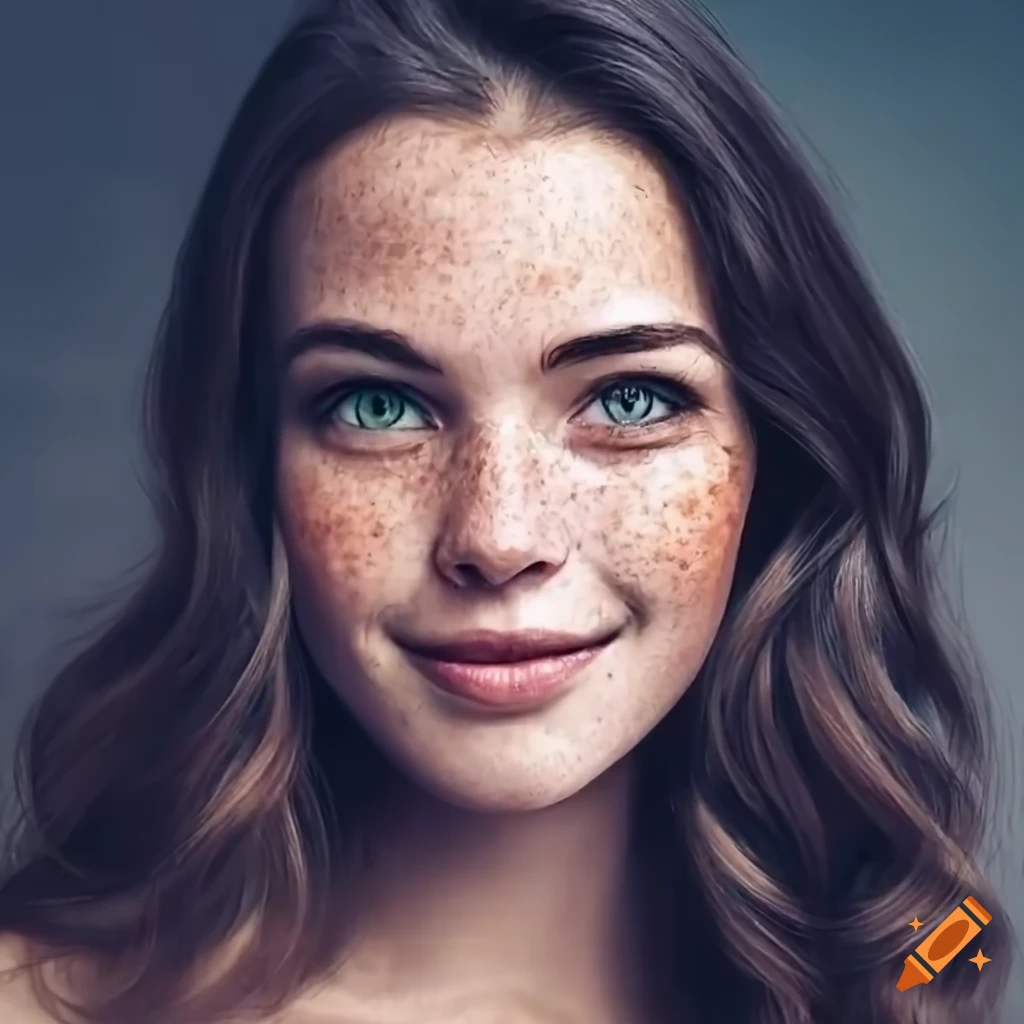 gorgeous woman with freckles and wavy dark hair
