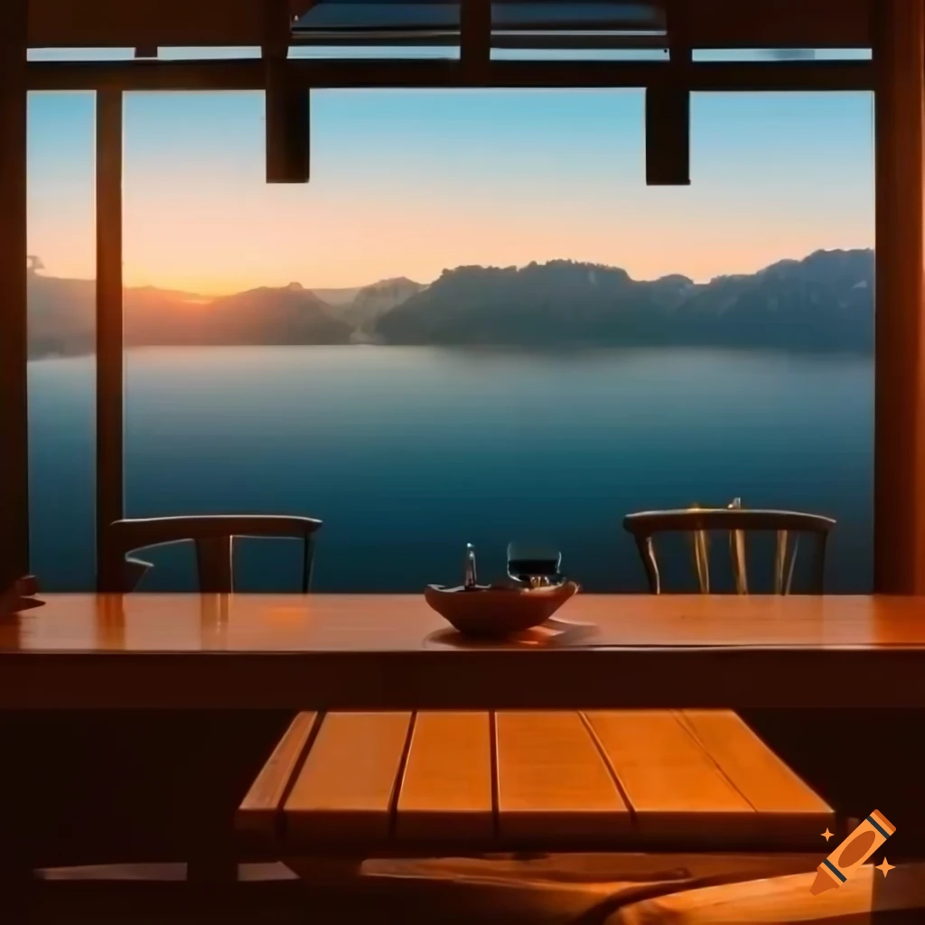 cafe lounge with a view of the lake and mountains