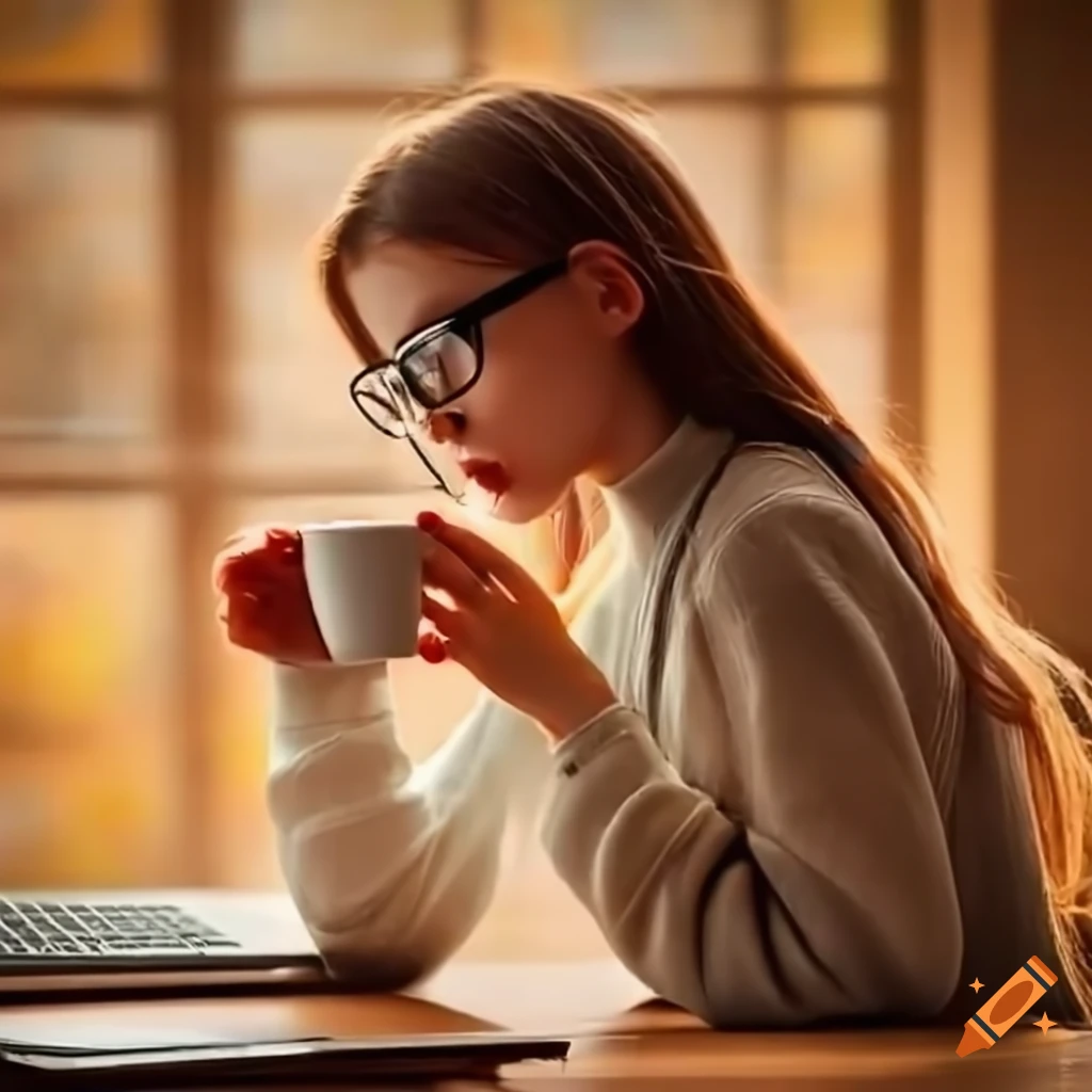 girl with glasses working in a cafe during autumn rain