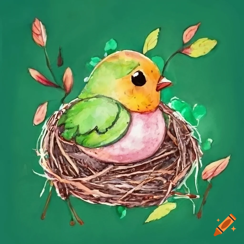 Watercolor colorful little bird on a branch