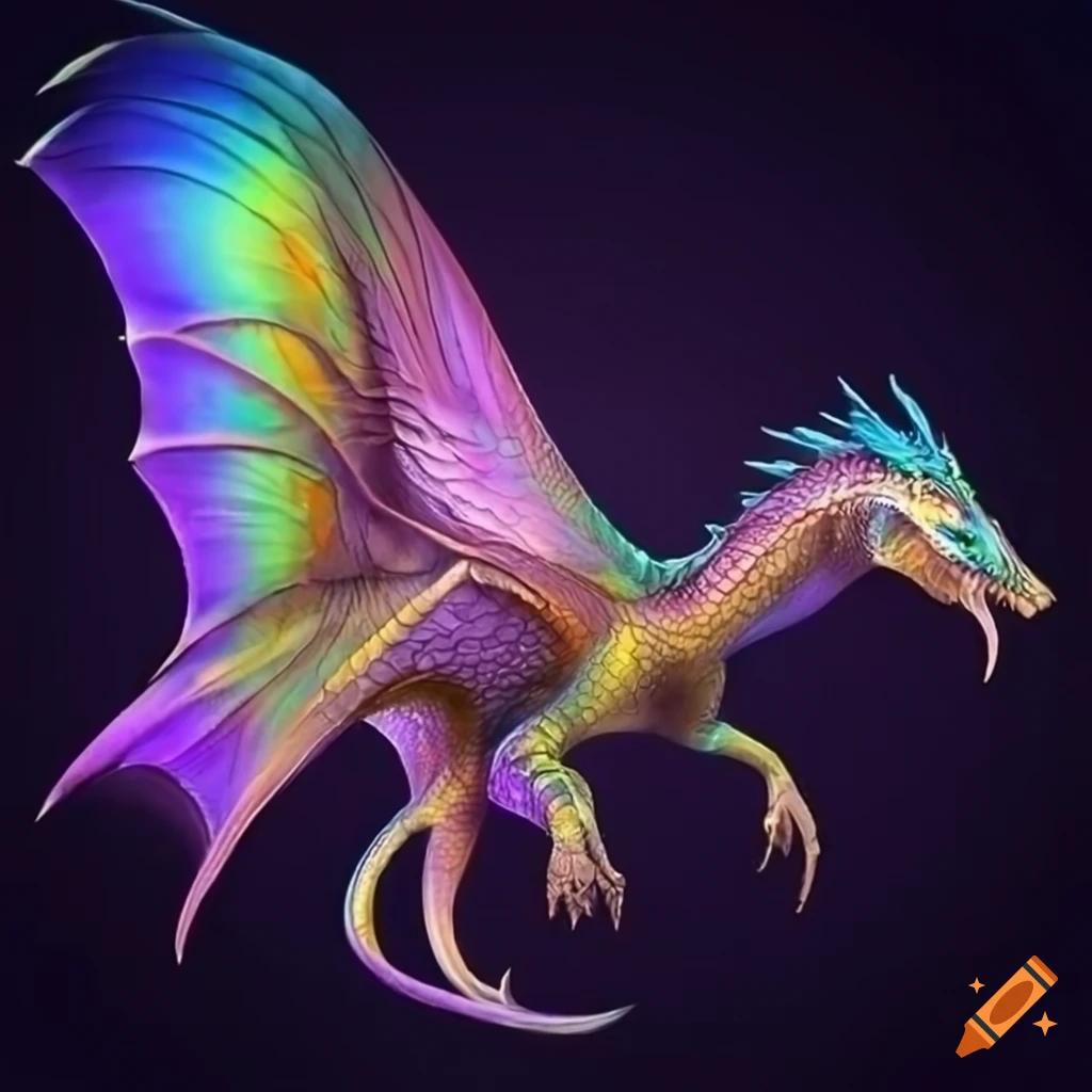 realistic depiction of a flying iridescent dragon